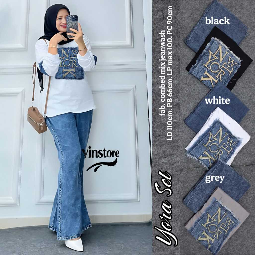Yora Set Fashion Casual Wanita Kekinian Atasan Kaos Denim Celana Flare