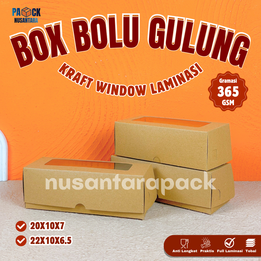 

Box Bolu Gulung Kraft Window Laminasi Kotak Kemasan Kue Snack 20x10x7 22x10x6.5 cm