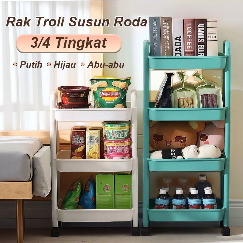 Rak Susun Serbaguna Rak Troli Rak Troli Susun Roda Rak Susun Plastik 3/4 Tingkat Dapur/Kamar Mandi