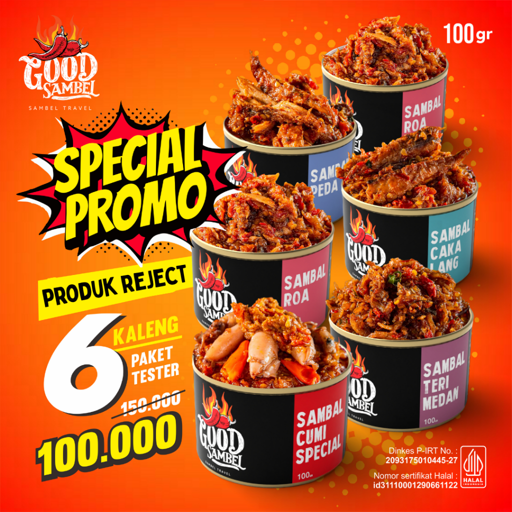 

Produk Reject Paket 6 Sambal Random Good Sambel | Sambal Cumi,Cakalang,Teri,Roa Dan Peda