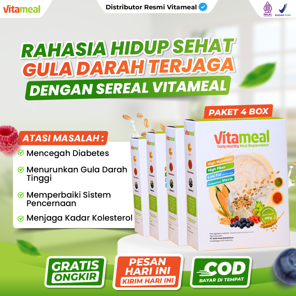 

PAKET 4 BOX VITAMEAL - Sereal Sehat Multigrain Ampuh Menstabilkan Gula Darah Tinggi Menangkal Diabetes Kolesterol Asam Lambung Maag Sereal 200 gram
