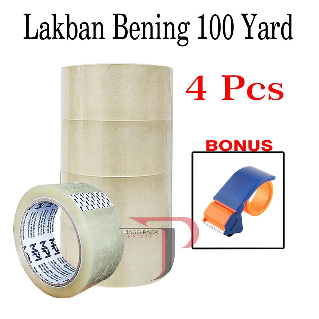 

(BONUS DISPENSER) 4 Pcs - Lakban Bening 45 mm x 100 yard Full Tebal - Lakban Tebal Untuk Packing Paket