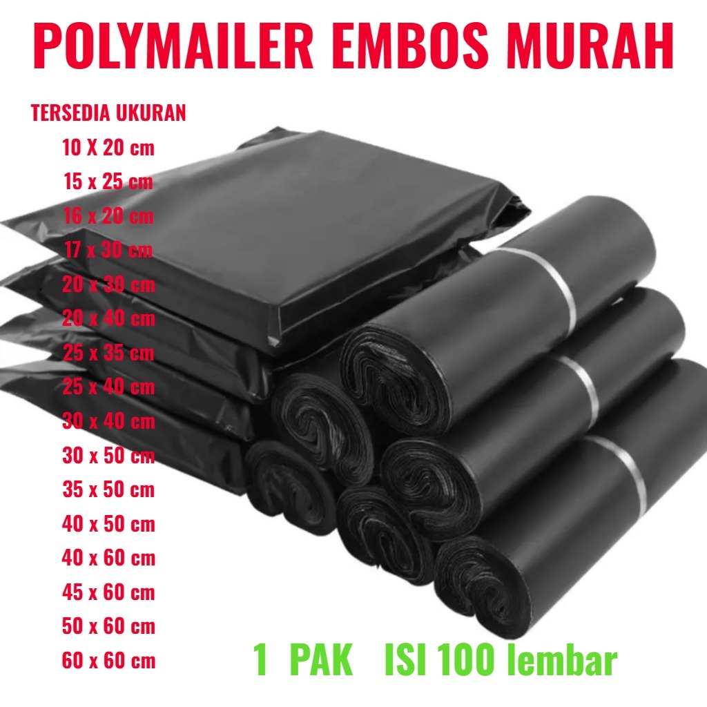 1 ikat / isi100pcs POLYMAILER kantong plastik packing ada lem warna hitam poly mailer embos segala u