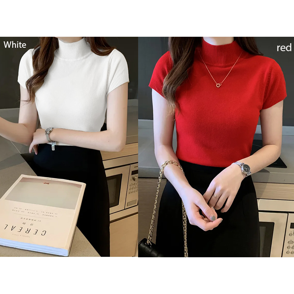 Blouse lengan pendek knit kerah tinggi