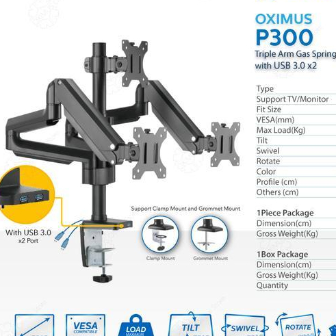 BRACKET MONITOR GAS SPRING OXIMUS P300 TILT SWIVEL ROTATE USB 3.0 x2 Black