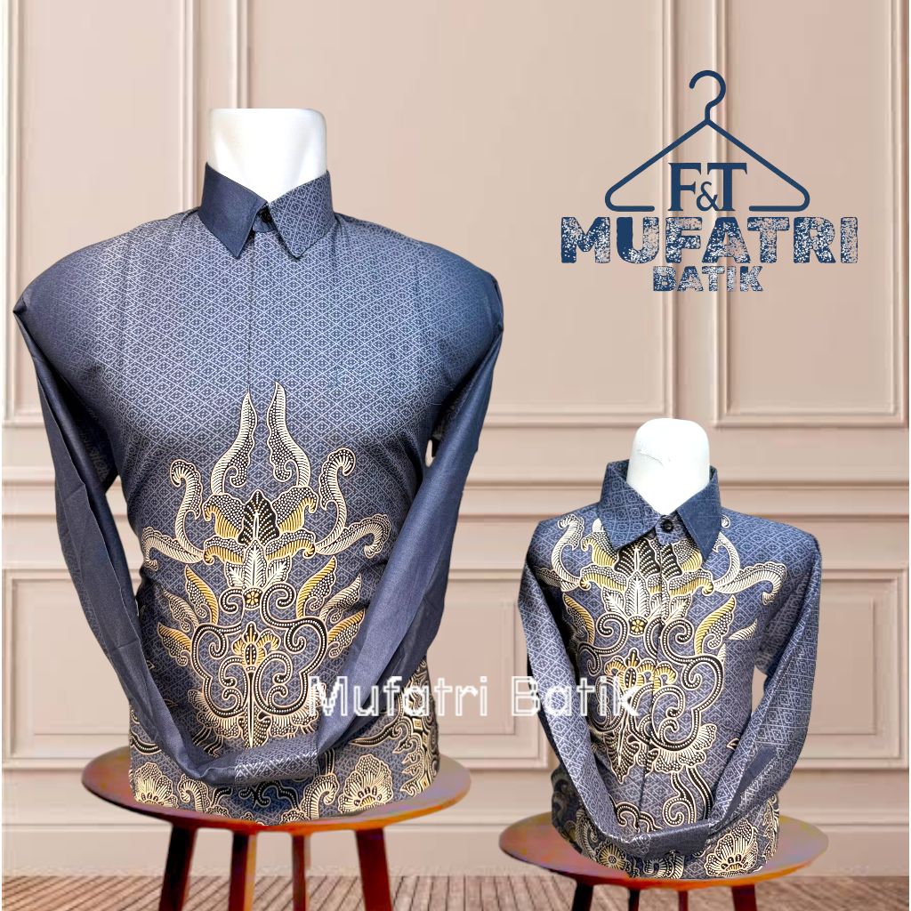 Batik Moyif Artar Couple Ayah Anak Warna Abu Abu Elegan Bahan Katun lapis furing//batik kondangan//b