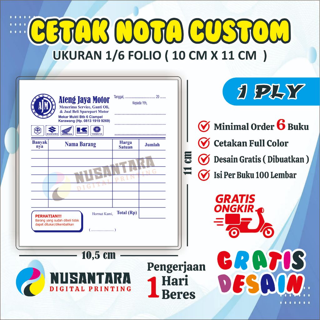 

Cetak Nota Custom Ukuran 1/6 Folio ( 10cm x 11cm ) 1Ply / Rangkap Free Desain