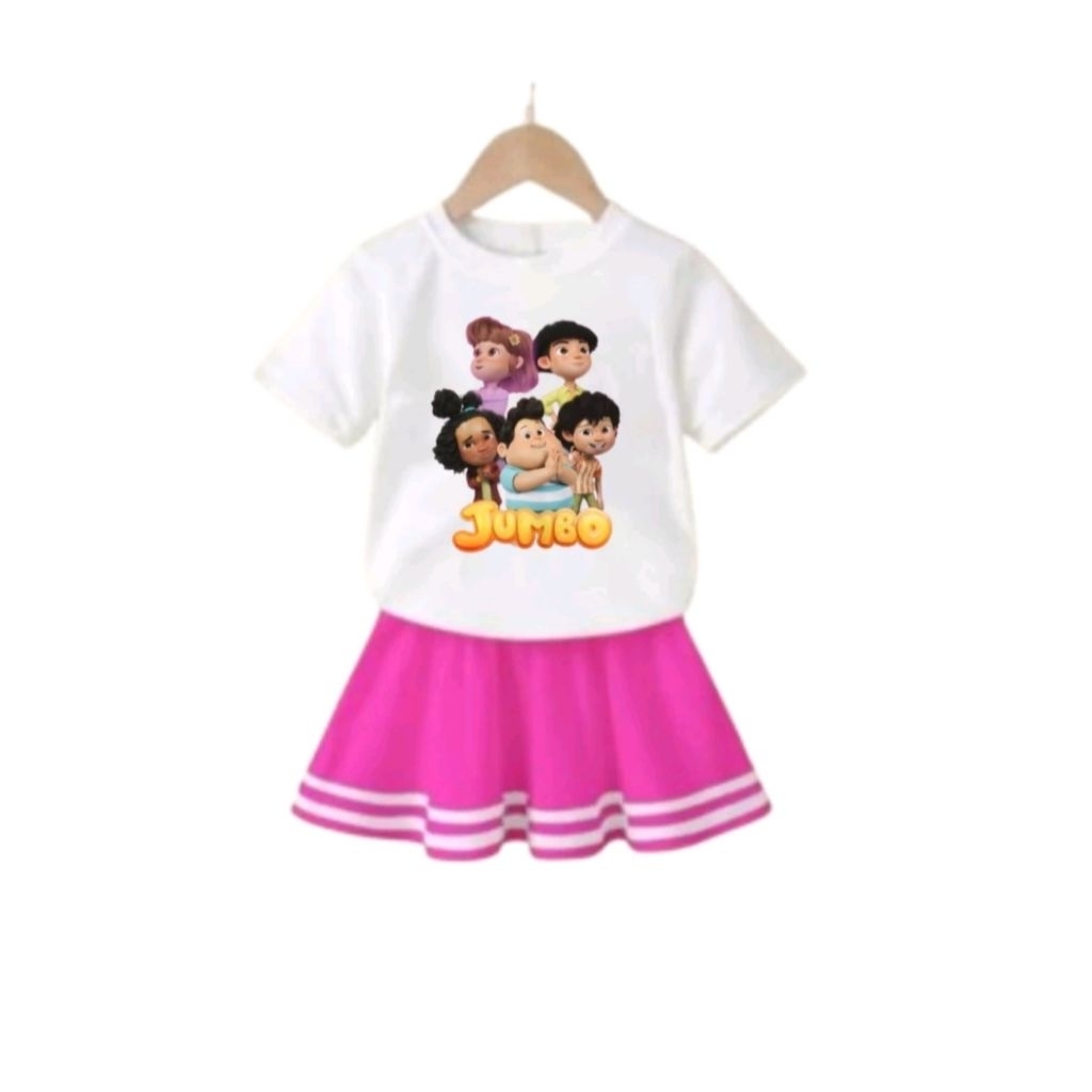 setelan anak  kaos katun dan rok mini scuba karakter jumbo, one set anak perempuan karakter jumbo