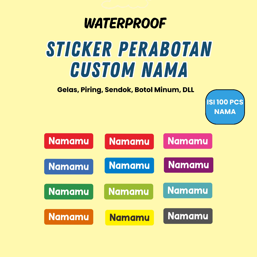 

100Pcs Sticker Custom Nama Piring Sendok Botol Barang Perabotan Stiker Ajaib Waterproof Timbul Label