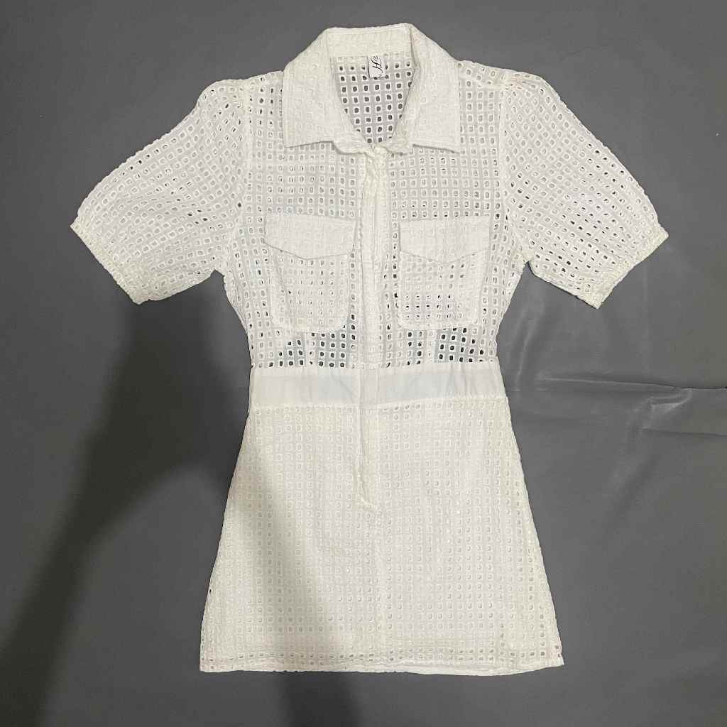 DEWASA C117 (HAN QUEEN ORI, PRELOVED) Dress Mini Bolong Bolong Katbol Jaring Net Leher Kerah Kemeja 