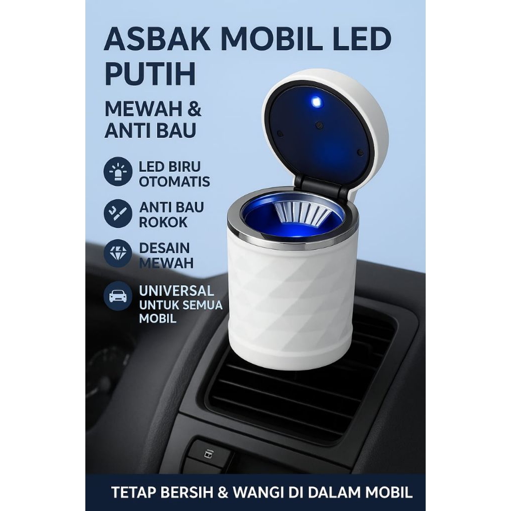 Asbak Mobil LED Putih Anti Bau Rokok Lampu Biru Otomatis Desain Mewah Universal