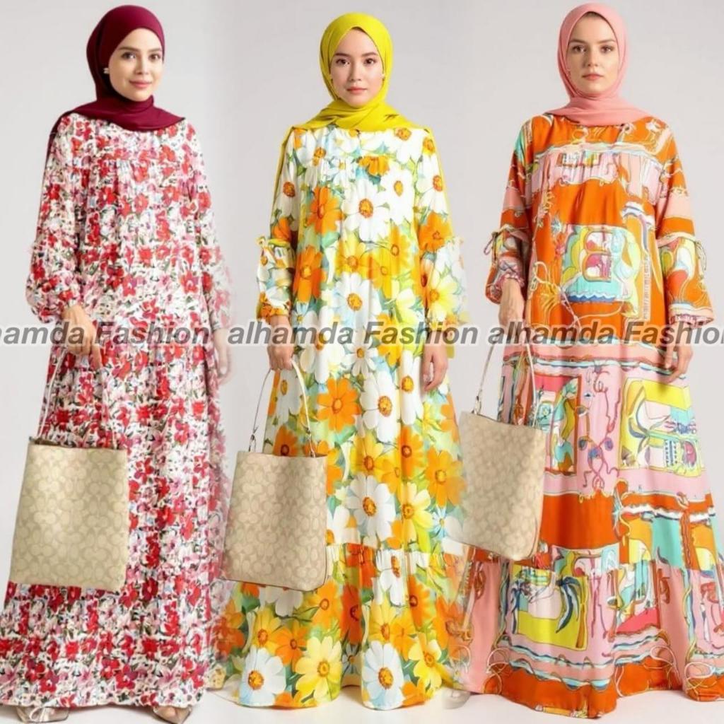 Gamis Iris Rempel Bunga Motif Premium Rayon Dress Wanita Busui Muslim Katun Viscose