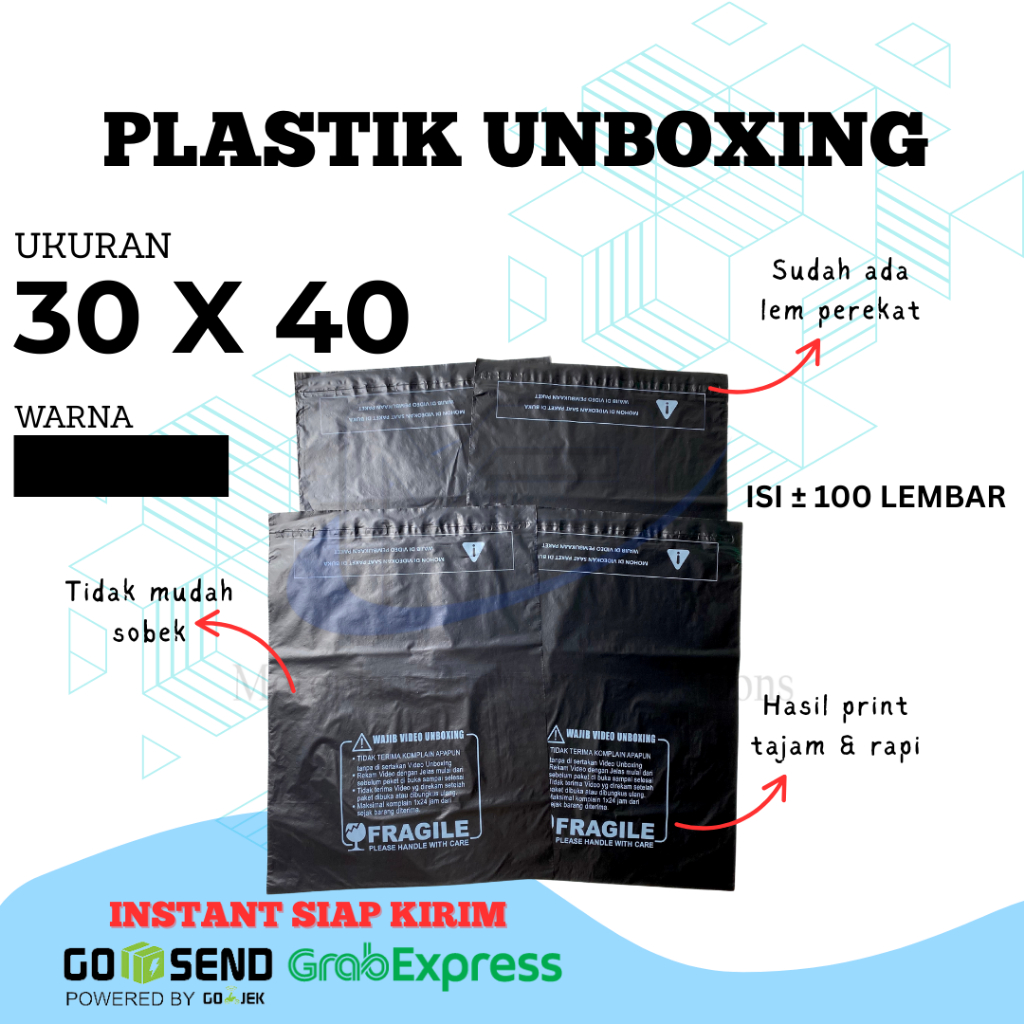 

Polymailer FRAGILE UNBOXING 30x40 isi 100 Plastik Lem Perekat Label Sticker Wajib Video