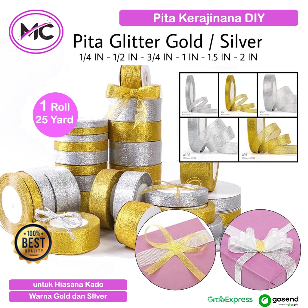

Pita Metalik Glitter Gold dan SIlver Per Gulung 25 Yard Pita Hias Kado Pengikat Gift Tag Warna Emas Perak Ukuran Pita Hiasana Kado Kartu Ucapan DIY Kerajinan