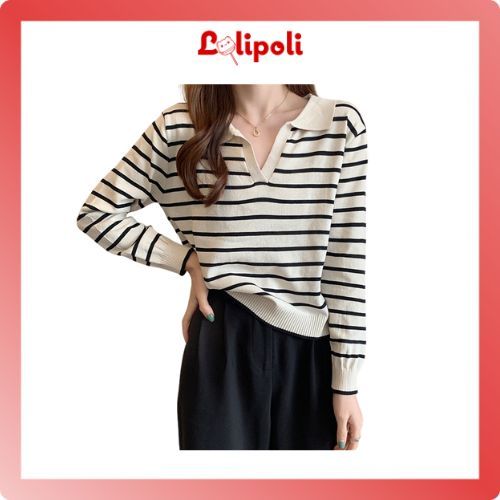 Lolipoli Baju Knitwear Sweater Crop Rajut Sweater Garis Bahan Rajut CropTop Lengan Panjang BJ1618