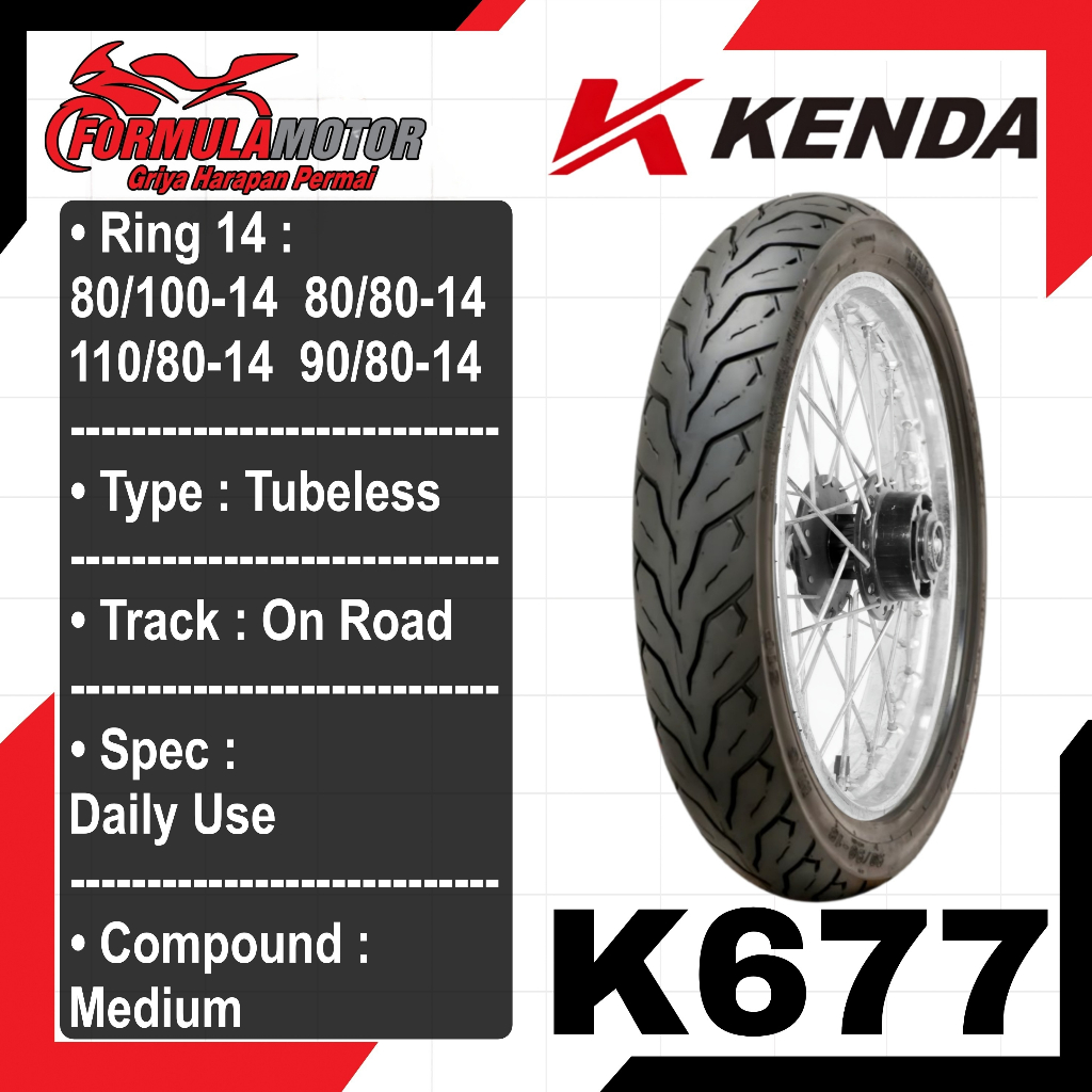 Kenda K677 Ring 14 Tubeless - Ban Tubles Motor Ukuran 80/100, 80/80, 90/80, 110/80