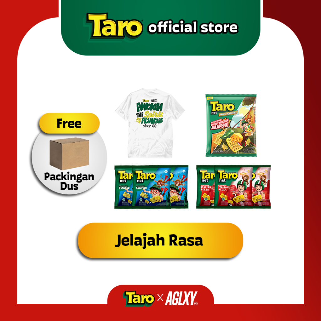 

Bundle Jelajah Rasa [TARO x AGLXY Awaken the Spirit of Adventure Shirt+TARO Net Cheesy Mexican Jalapeno 60g+TARO Net Italian Pizza 32g+TARO Net Seaweed 32g]