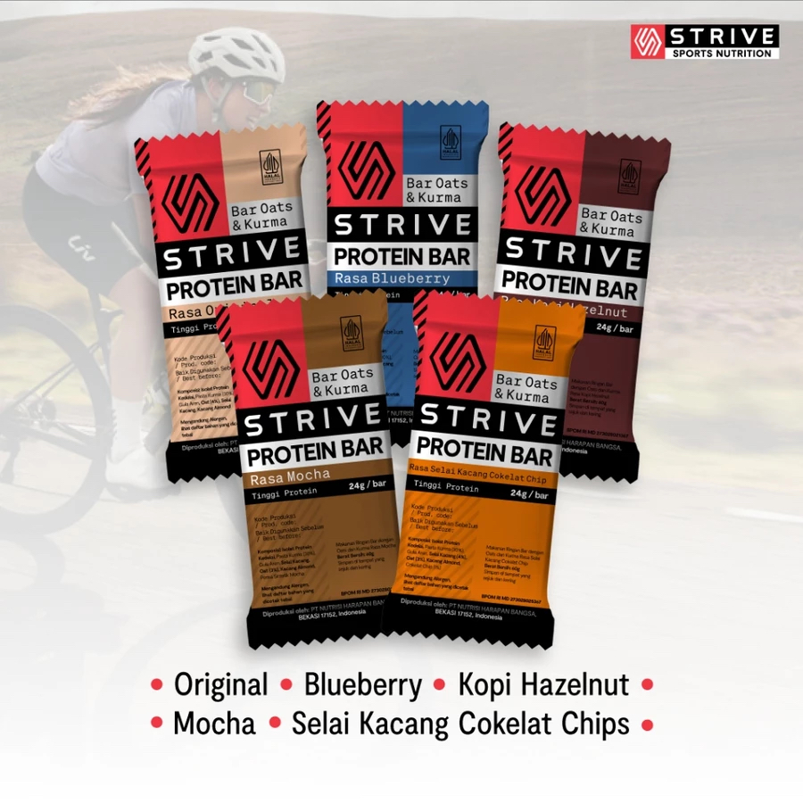 

Strive Protein Bar 1 Saset 60gr Cemilan Sehat Penambah Energy Olahraga Gym Fitness / Bar High Protein Bar