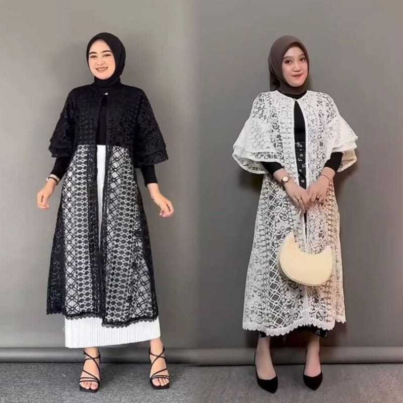 Malika Outer Brukat Lengan Ruffle - Outfit Set Rok Kondangan Formal - Cardigan Brokat Outerwear