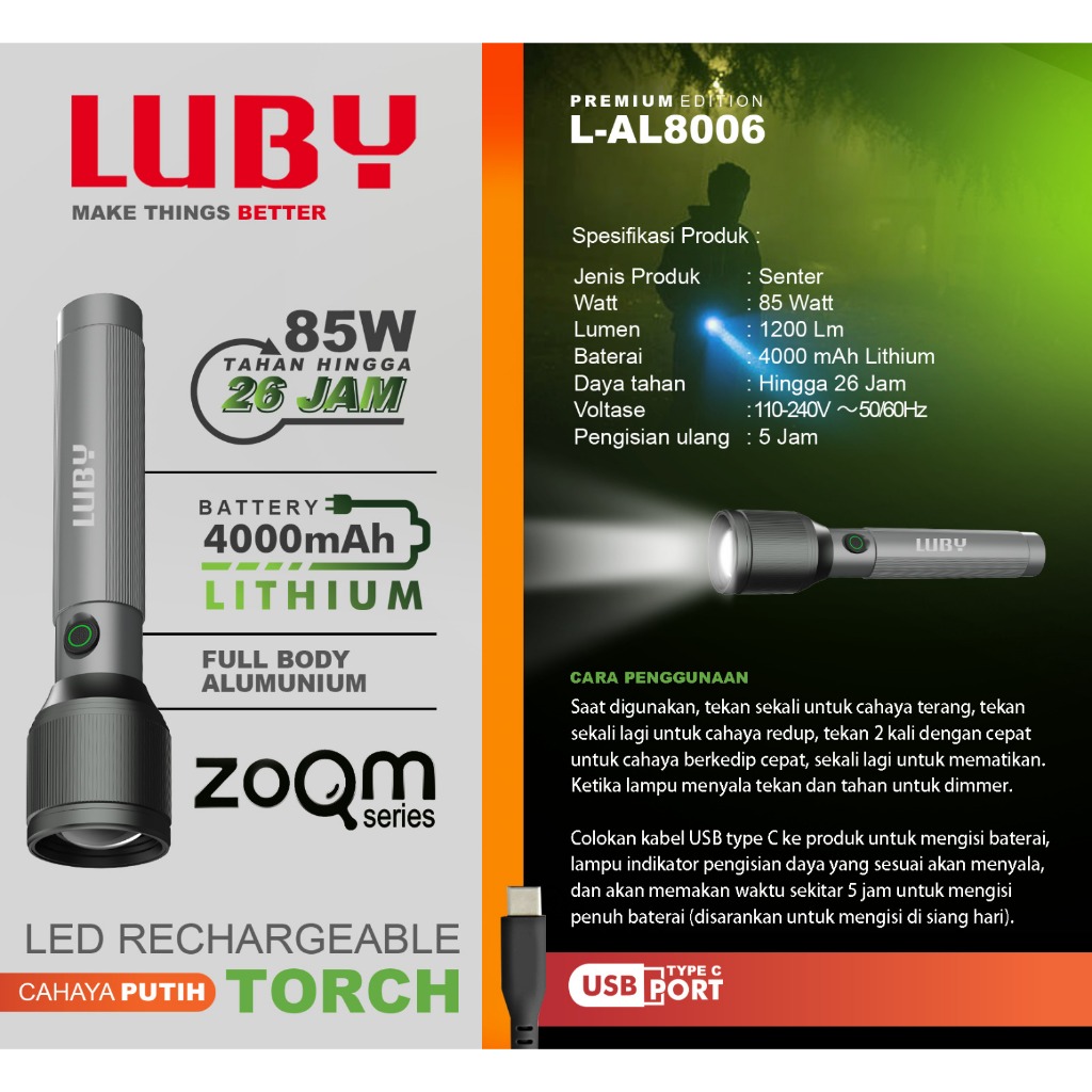 LUBY Senter Tangan LED ZOOM Series / LED Rechargeable Torch - Cahaya Putih