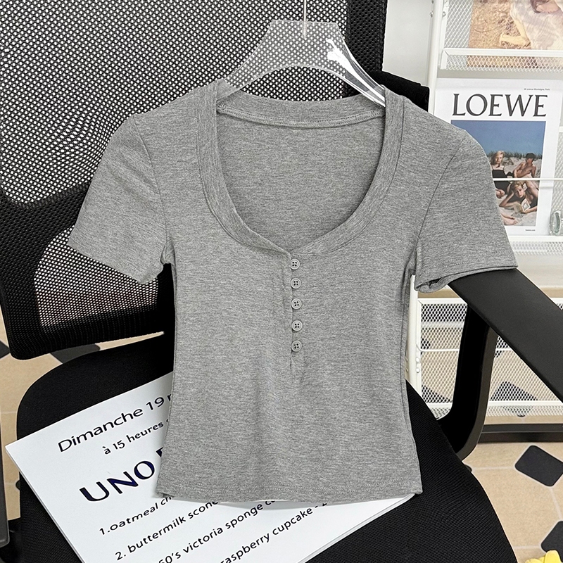 Kaus Kancing Kerah Setengah Terbuka Baru / Kaos Crop Top Wanita / T-Shirt Ketat Bergaris Leher Perse