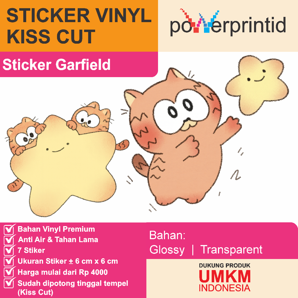 

Stiker Vinyl Kiss Cut Garfield Lucu – 7 Pcs