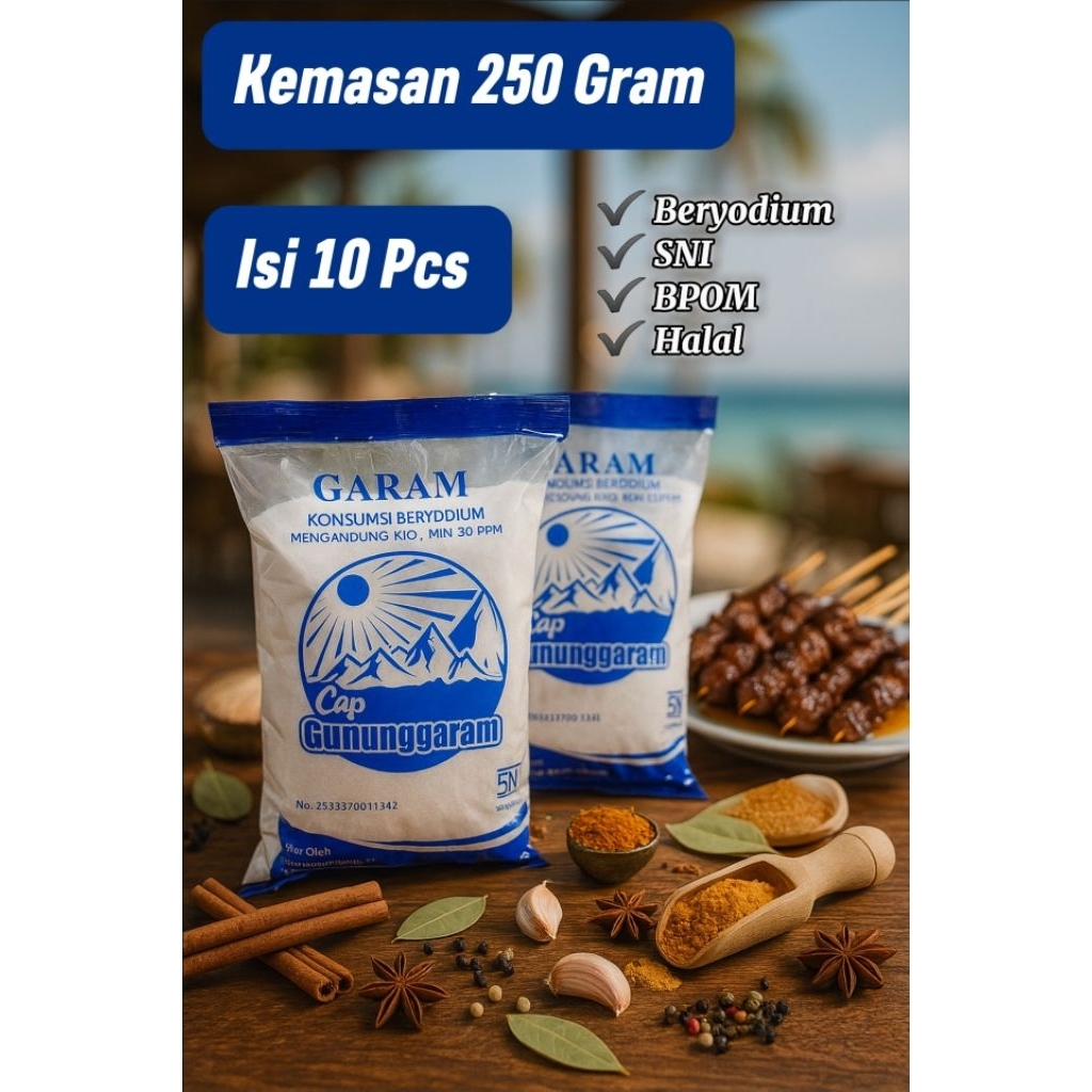 

Garam 10 Pcs ( Kemasan 250 Gram ) - Garam Cap Gunung Garam - Garam Konsumsi Beryodium - Garam Dapur ( Sudah BPOM, SNI Dan Halal )