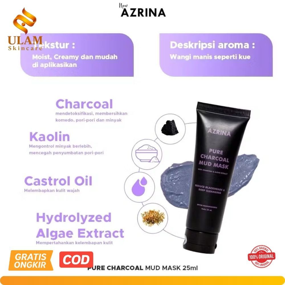 Azrina Pure Charcoal Mud Mask 50ml/25ml - Masker Wajah Brightening Wanita Pria Untuk Mengangkat Kome