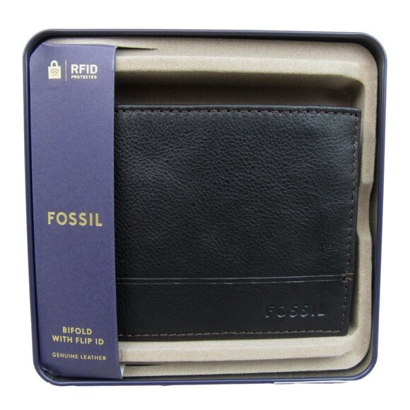 New in Tin Box Dompet Pria FOssil Brooks Black