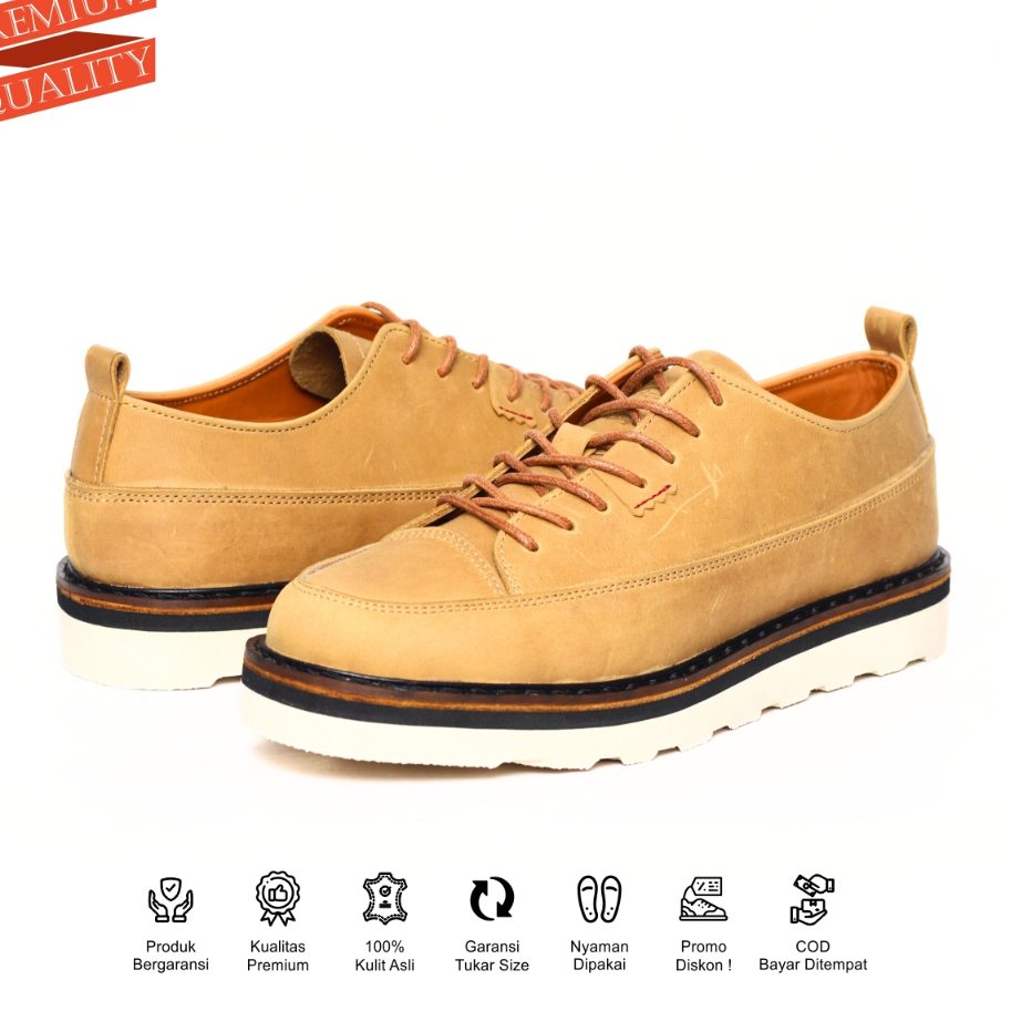 Bradleys Sepatu Kulit Pria Sneakers Casual Arthur Low Tan - Boots Low Casual
