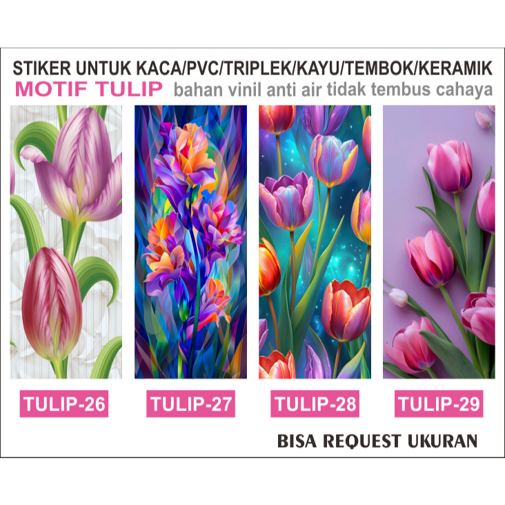 Stiker Kaca Jendela/Lemari Motif Bunga Tulip Bahan Vinil Anti Air (pasang dari luar)