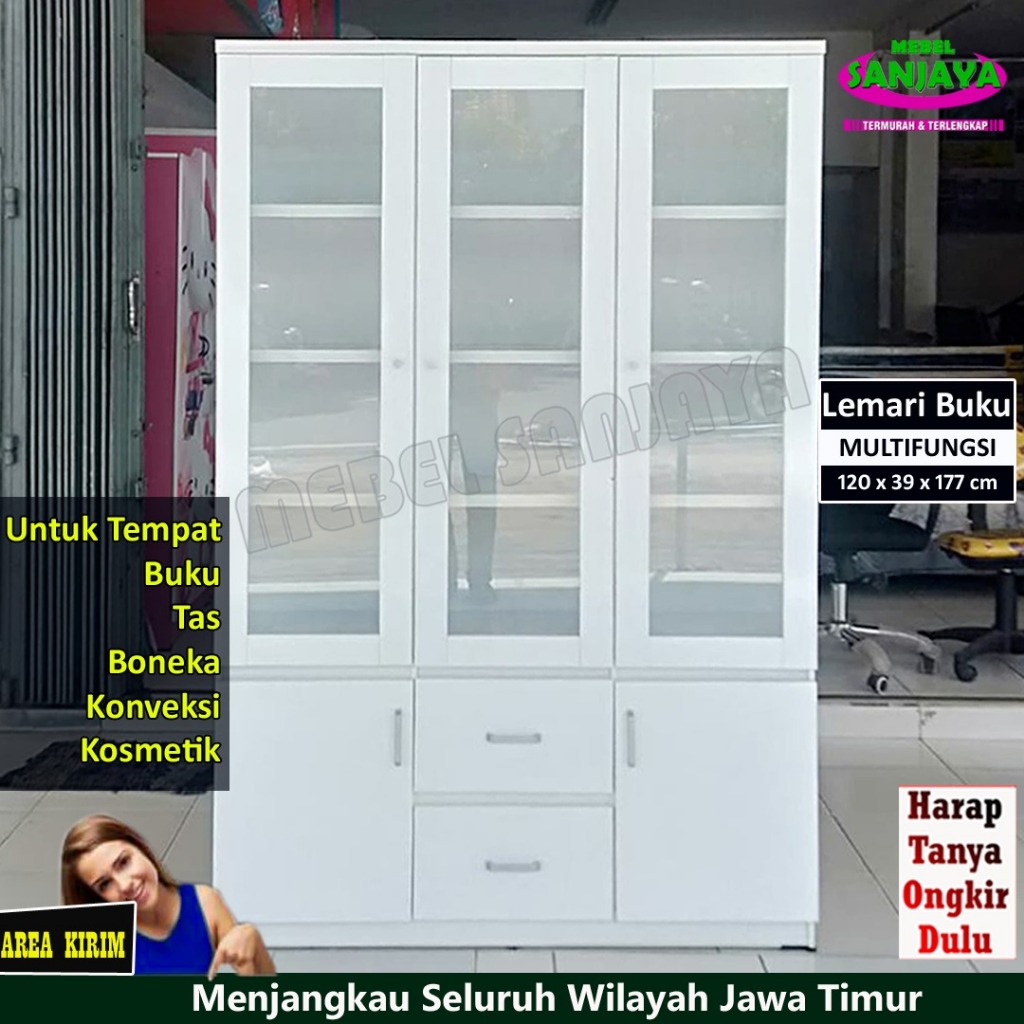 Lemari Hias / Penyekat ruangan, Buku Etalase Putih Glossy Pintu Kaca Rak Papan Tebal Bisa untuk Buku