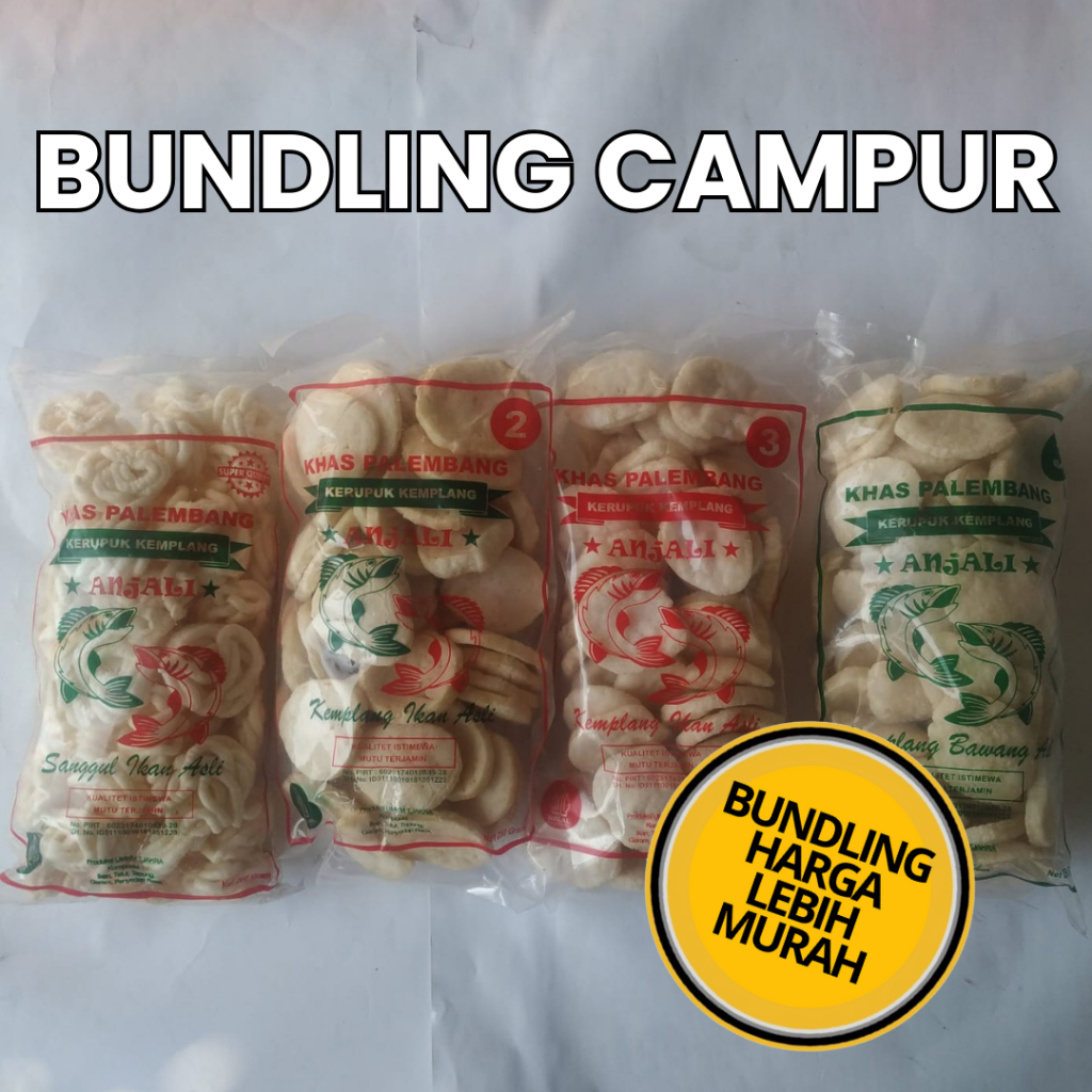 

Bundling Campur 4 Kantong Kerupuk Kemplang Ikan Khas Palembang Sanggul dan Koin Berat 950 Gram