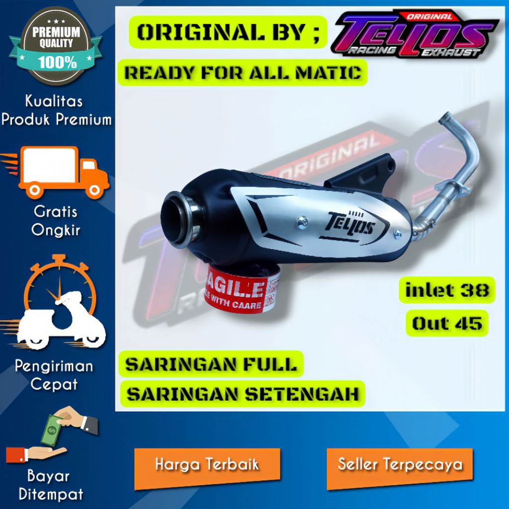 KNALPOT MIO SPORTY MIO SMILE MIO SOUL KARBU SARINGAN FULL INLET 38 OUT 45 ORIGINAL TELLOSS EXHAUST