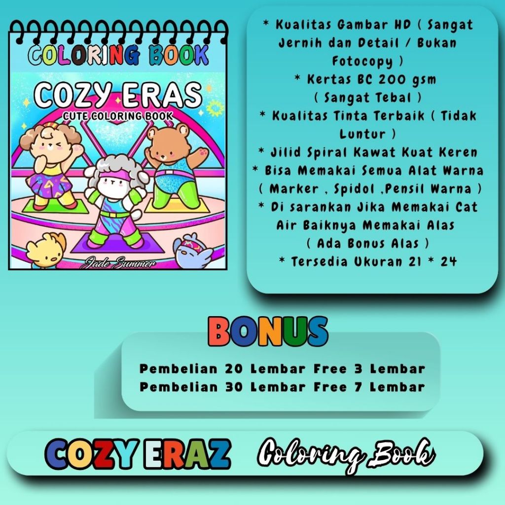 

COZY ERAZ Coloring Book Buku Menggambar Sketsa Gambar Mewarnai Kertas Tebal 220gsm Ukuran A4 Premium