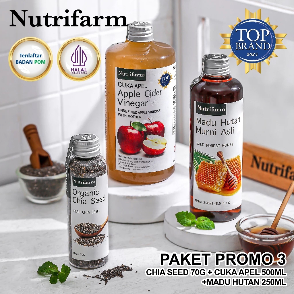 

Nutrifarm Paket Promo 3 3In1 Cuka Apel Madu Hutan Chia Seed / Cuka Apel 500 ml Madu Hutan 250 ml Chia Seed 70 gram