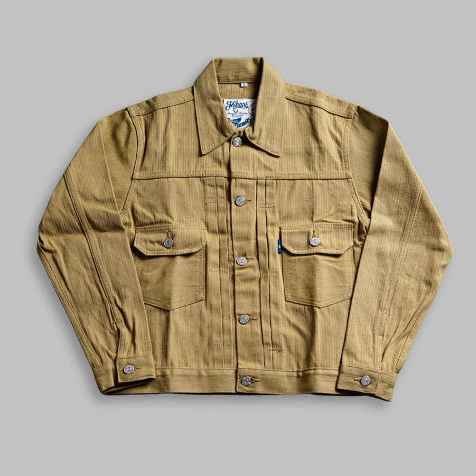 Mihane Jeans - Jacket Pria Denim Selvedge - EXT Type II 15oz Unsanforized Khaki Herringbone Red Line