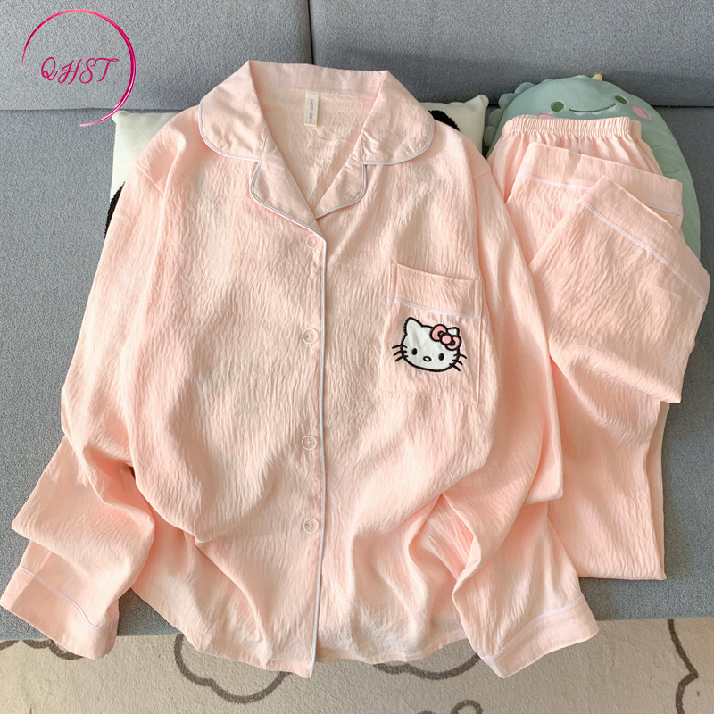 QHST Piyama Set Wanita Satin Kucing saku merah Lengan Panjang Celana Panjang Baju Tidur Import