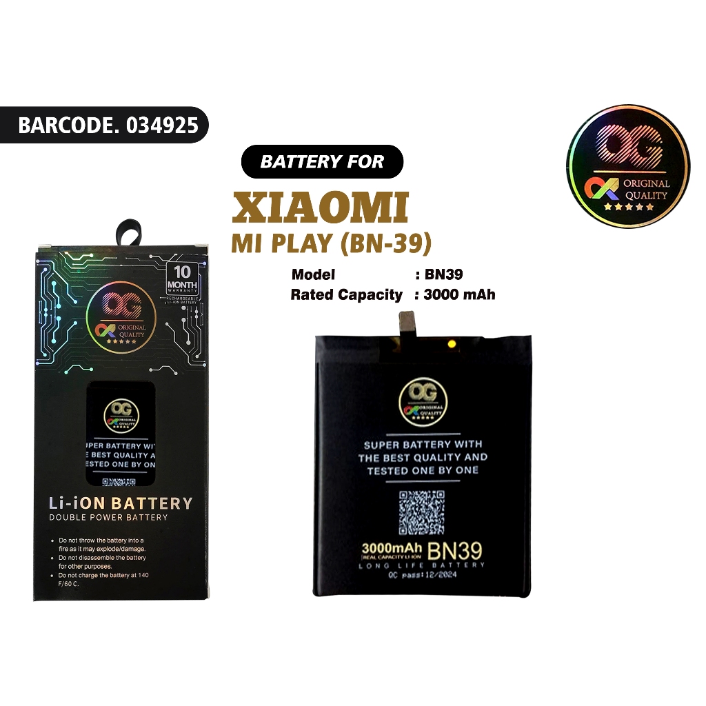 ( OG SUPER ) BATERAI UNTUK TIPE XIAOMI MI PLAY ( BN-39 ) ORIGINAL DOUBLE IC