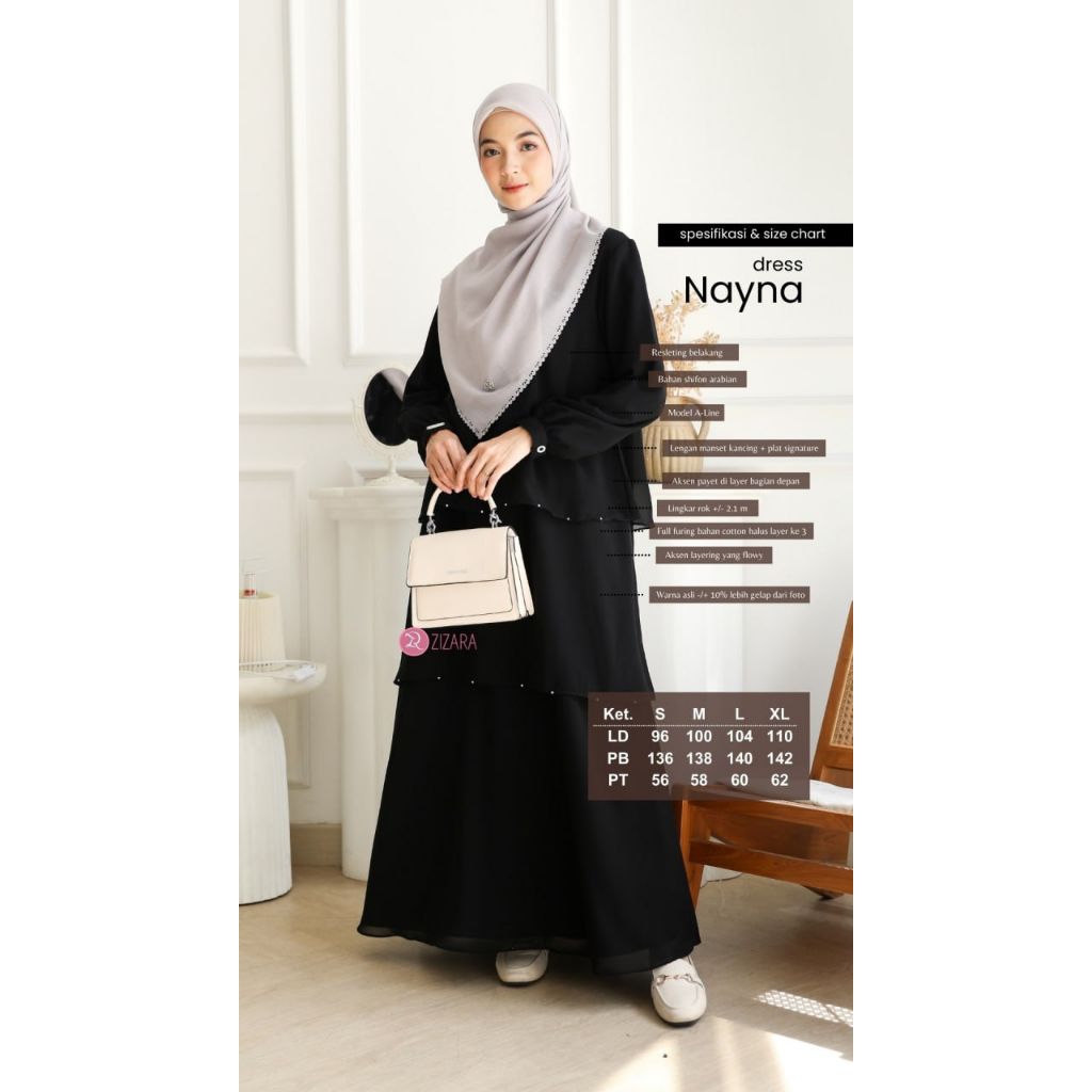 [Agen Resmi] Nayna Dress by Zizara Bahan Shifon Arabian Furing Katun Halus Resleting BELAKANG - NON 