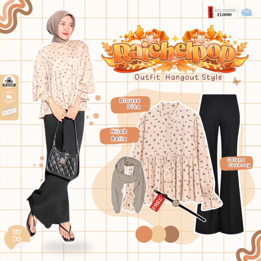Kalea Oneset Blouse Wanita (Hijab Bella Tan + Blouse Pita Brown + Celana Cutbray Hitam) Oneset Ootd 