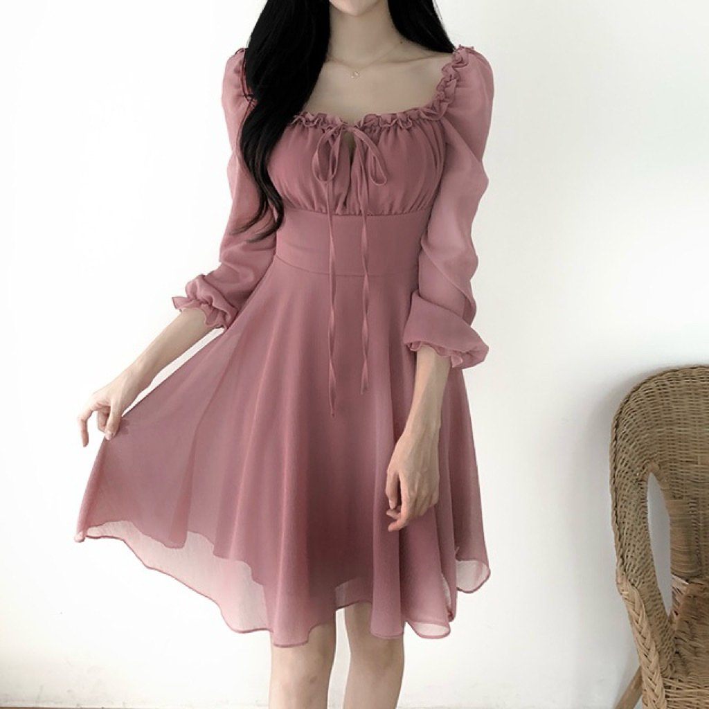 Vienna Dress Sabrina Korean Chic Casual Minimalis Polos Longsleeve Mini Dinner Prom Mauve Purple Nav