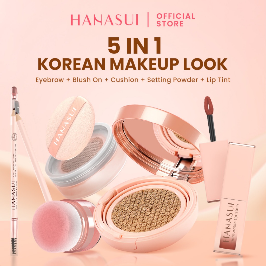 【5 IN 1】Hanasui Korean Make Up Look - 5Pcs Makeup Set Cushion Blush On Liptint Eyebrow Natural Finis