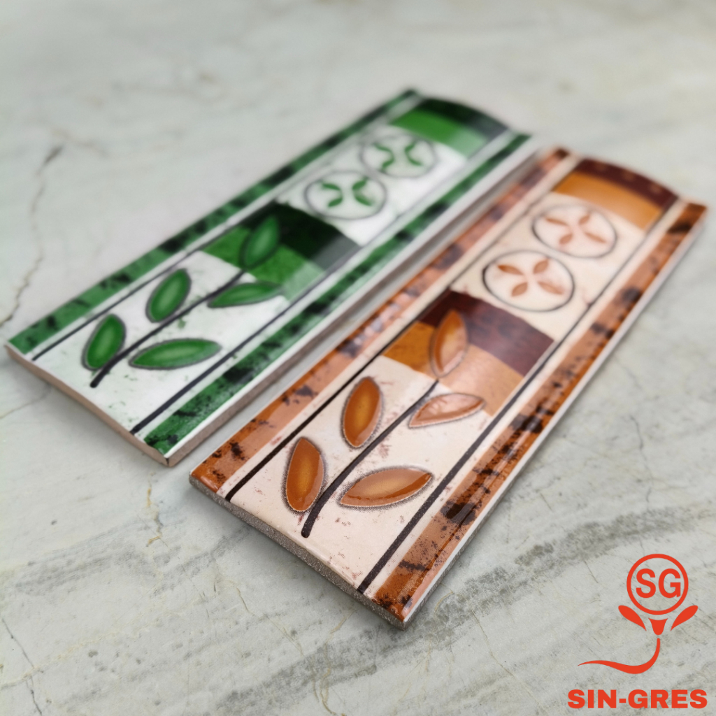 List Keramik Dinding | Listello Laser | 8x25 | Model Lengkung | Motif Daun Decorative