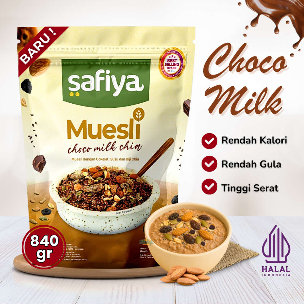 

Safiya Muesli Choco Milk Chia - Oatmeal Dried Fruit Almond Sereal Diet Sarapan Sehat Premium