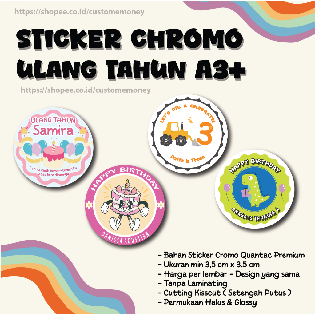

Cetak Stiker Cromo Bulat Sticker Ulang Tahun Print Sticker Jualan Makanan Lingkaran Custom Chromo A3+
