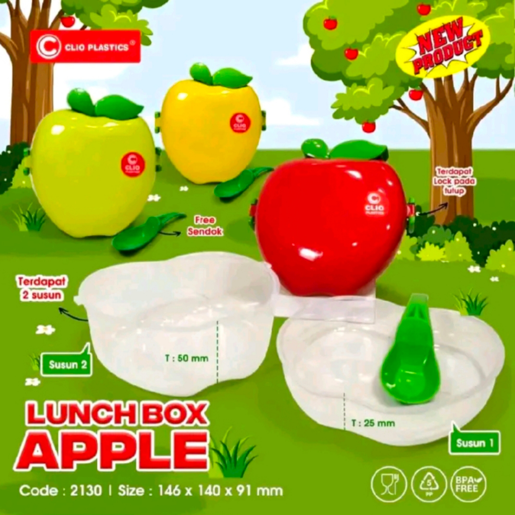 promo murah Tempat Bekal Anak Sekolah Wadah Nasi Bentuk Apel 1 Set Alat Makan