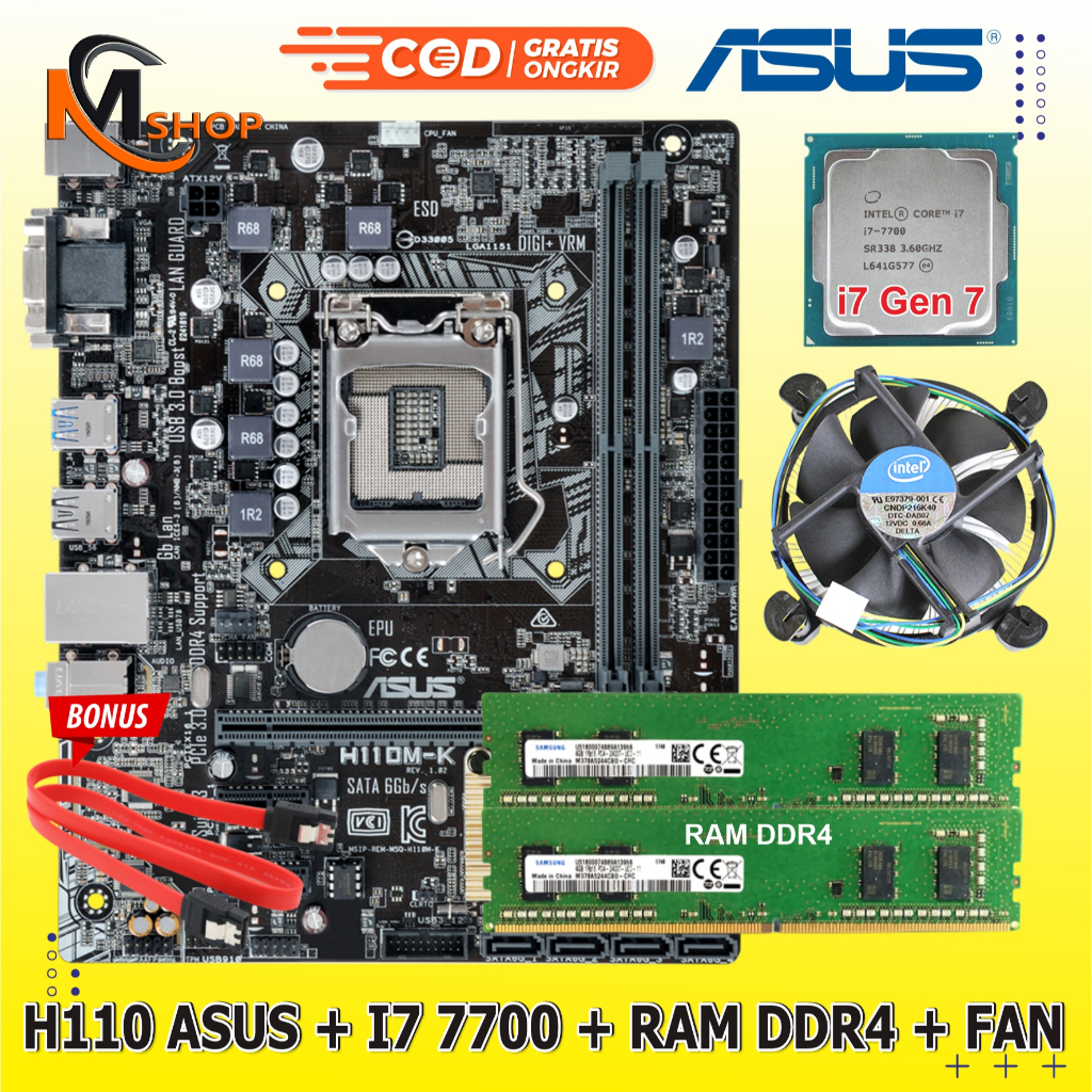 Paket Mainboard Mobo Motherboard H110 LGA 1151 DDR4 + Processor Intel Core i7 7700 Gen 7 + RAM DDR4 