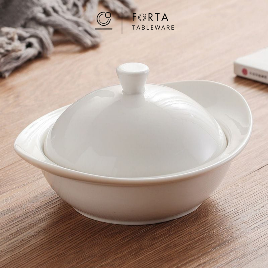 Mangkok oval tutup kecil keramik putih polos diameter 9 cm / mangkok lecil ocal unik hotelware serba