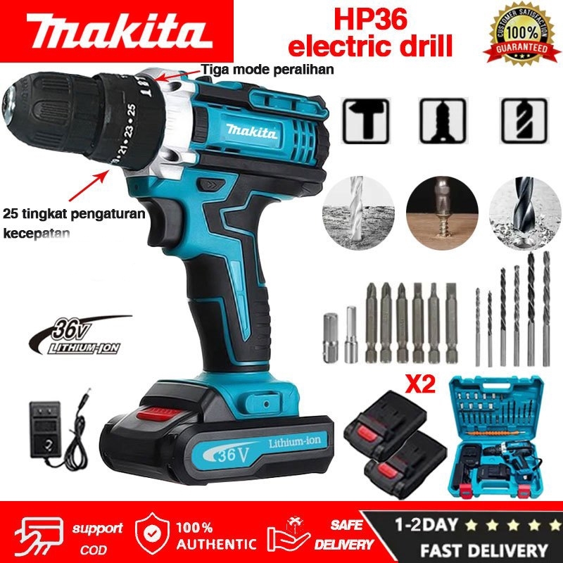 MAKITA Bor Impact Elektrik Makita 36V Tanpa Kabel dengan Mata Bor dan 2 Baterai Alat Obeng Bor Tanga